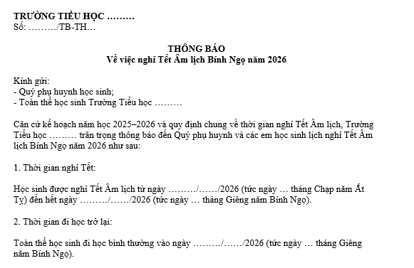 Mẫu Thông báo nghỉ Tết Âm lịch Bính Ngọ 2026 của trường tiểu học đến phụ huynh, học sinh,...? Tải mẫu?