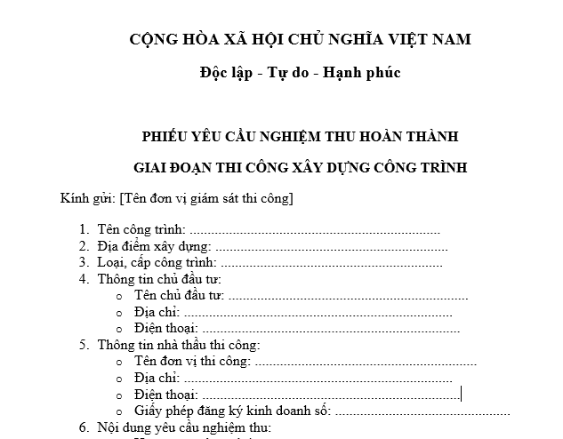 Mẫu phiếu yêu cầu nghiệm thu hoàn thành giai đoạn xây dựng công trình