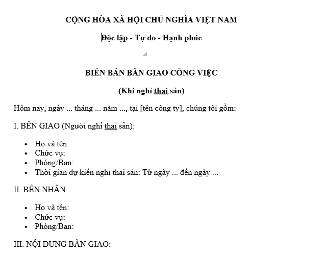 Mẫu biên bản bàn giao công việc khi nghỉ thai sản