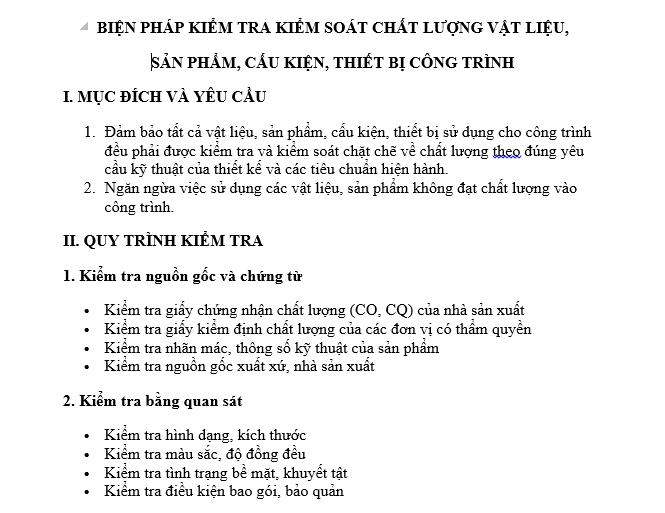 Biện pháp kiểm tra kiểm soát chất lượng vật liệu, sản phẩm, cấu kiện, thiết bị được sử dụng cho công trình