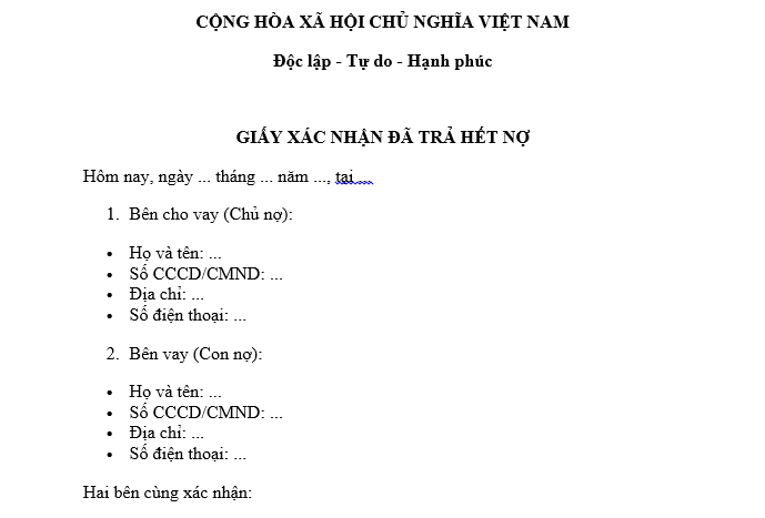  Mẫu giấy xác nhận đã trả hết nợ