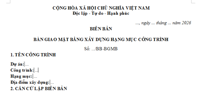 Mẫu Biên bản bàn giao mặt bằng xây dựng hạng mục công trình 2026 có dạng ra sao? Tải mẫu tại đâu?