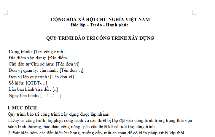 Có thể tham khảoMẫu quy trình bảo trì công trình xây dựng 2026 dưới đây: