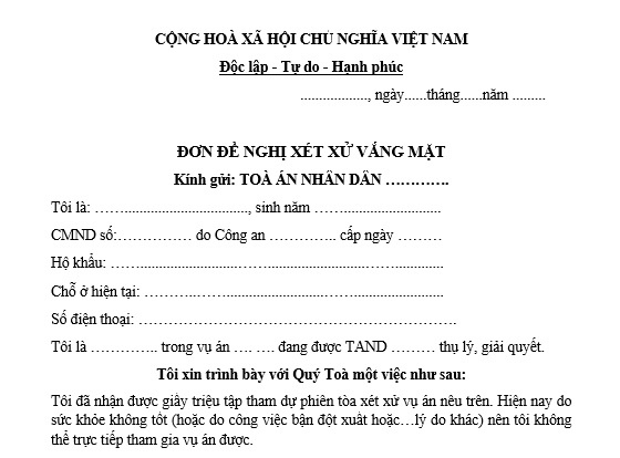 ĐƠN ĐỀ NGHỊ XÉT XỬ VẮNG MẶT