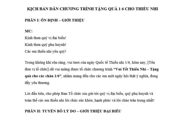 Kịch bản dẫn chương trình tặng quà 1 tháng 6 cho trẻ em mầm non nhân ngày Quốc tế thiếu nhi?