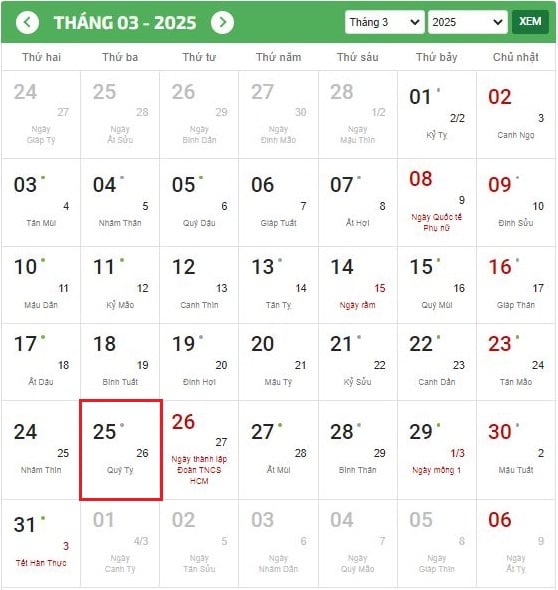 Ngày 25 tháng 3 là ngày gì? Ngày 25 tháng 3 thứ mấy, bao nhiêu âm lịch? Ngày 25 3 cung gì? Có phải ngày lễ lớn hay không?