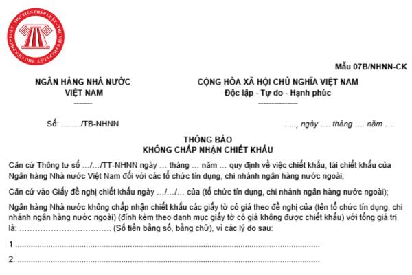 Mẫu thông báo không chấp nhận chiết khấu giấy tờ có giá của Ngân hàng Nhà nước Việt Nam đối với tổ chức tín dụng mới nhất như thế nào?