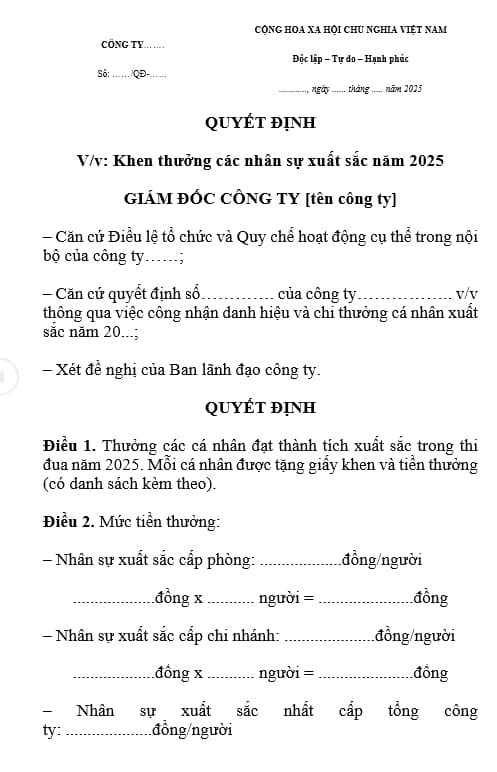 mẫu thưởng nhân viên