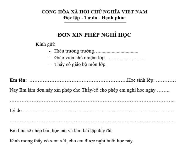 đơn xin phép nghỉ học số 1