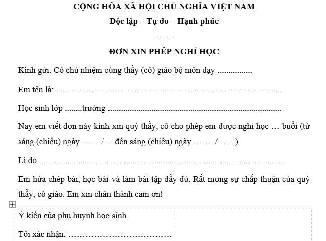 đơn xin phép nghỉ học số 2