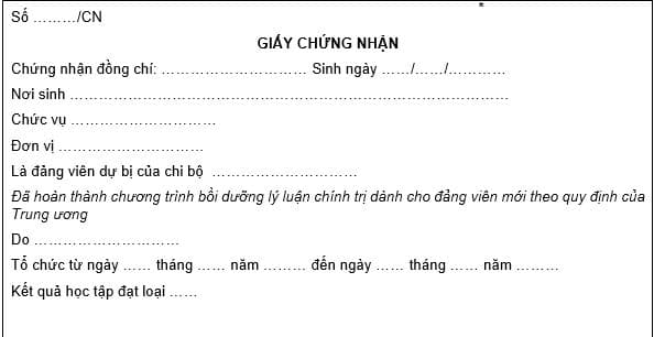 Mẫu CN-ĐVM giấy chứng nhận học lớp đảng viên mới