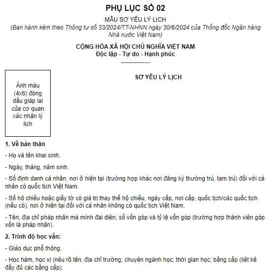 Mẫu sơ yếu lý lịch dành cho tổ chức tài chính vi mô theo Thông tư 33?