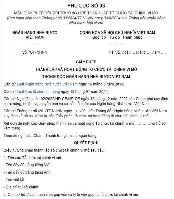 Mẫu giấy phép thành lập và hoạt động tổ chức tài chính vi mô theo Thông tư 33 năm 2024?