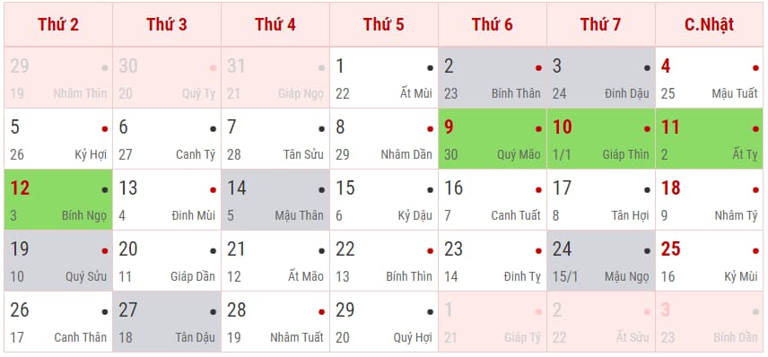 Tháng 02/2024 Dương lịch - Tháng 01 Âm lịch Năm Giáp Thìn