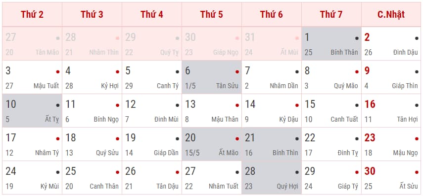 Tháng 06/2024 Dương lịch - Tháng 04, tháng 05 Âm lịch