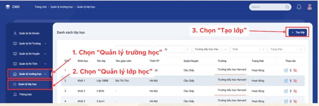 Quản lý trường học" => "Quản lý lớp học" => "Tạo lớp" 