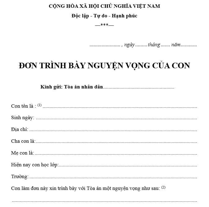 Mẫu đơn nguyện vọng của con khi bố mẹ ly hôn