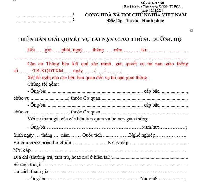 Mẫu biên bản giải quyết vụ tai nạn giao thông