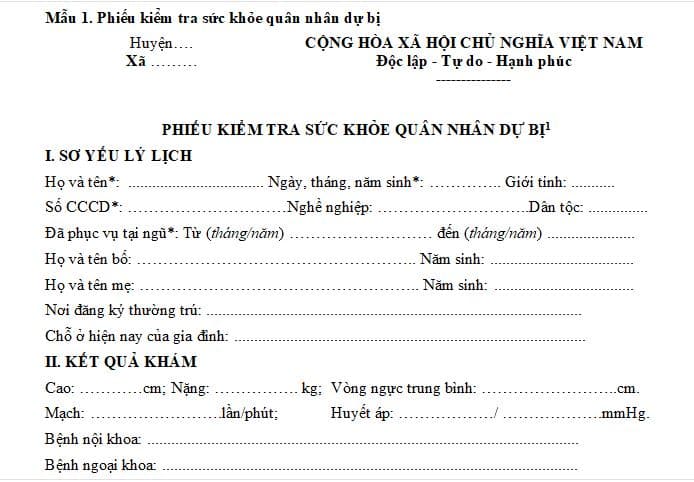 Mẫu phiếu kiểm tra sức khỏe quân nhân dự bị