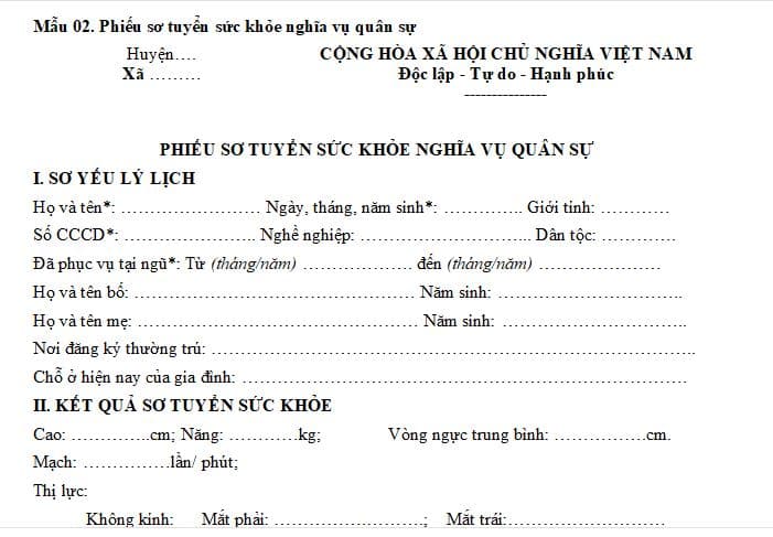 Mẫu phiếu sơ tuyển sức khỏe nghĩa vụ quân sự theo Thông tư 105?