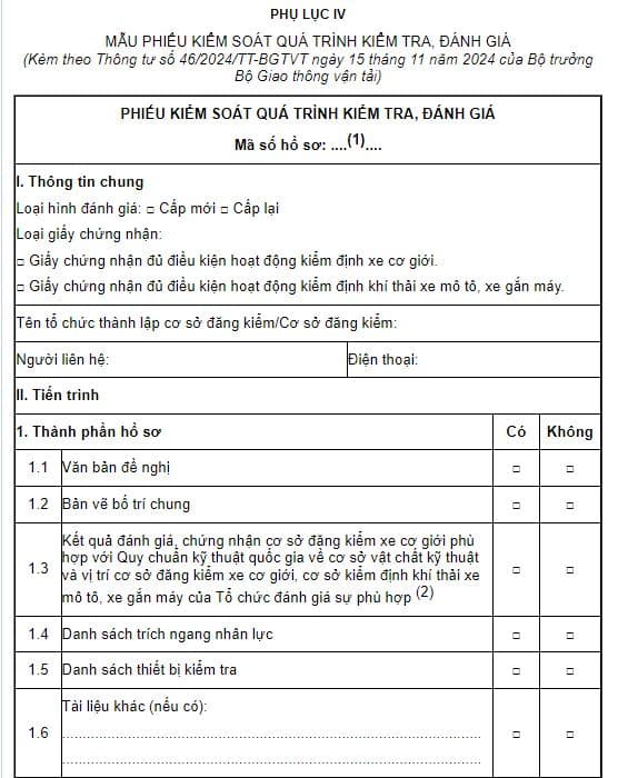 Mẫu phiếu kiểm soát quá trình kiểm tra, đánh giá kiểm định xe cơ giới, khí thải xe mô tô, xe gắn máy