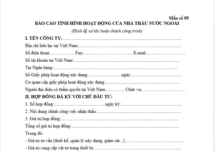 Mẫu Báo cáo tình hình hoạt động của nhà thầu nước ngoài mới nhất 2024?