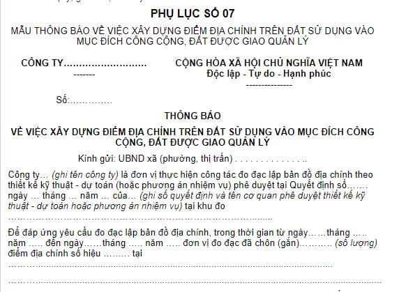 Mẫu thông báo về việc xây dựng điểm địa chính trên đất sử dụng vào mục đích công cộng, đất được giao quản lý