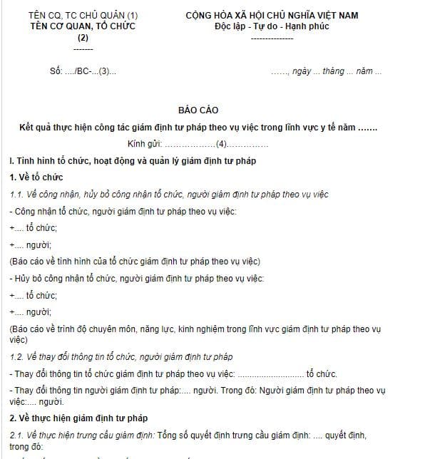 Mẫu báo cáo kết quả thực hiện công tác giám định tư pháp theo vụ việc trong lĩnh vực y tế