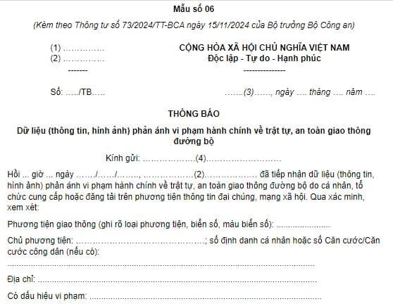 Mẫu thông báo dữ liệu (thông tin, hình ảnh) phản ánh vi phạm hành chính về trật tự, an toàn giao thông đường bộ