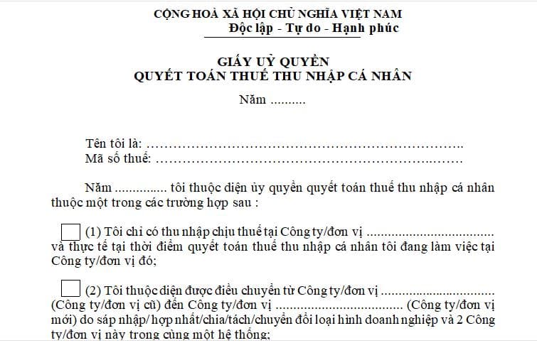 Mẫu giấy uỷ quyền quyết toán thuế thu nhập cá nhân