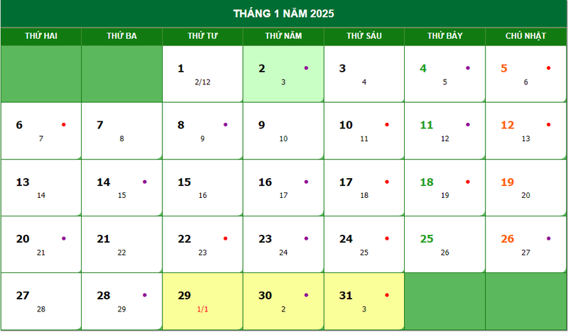 Lịch dương tháng 1 năm 2025 Ất Tỵ