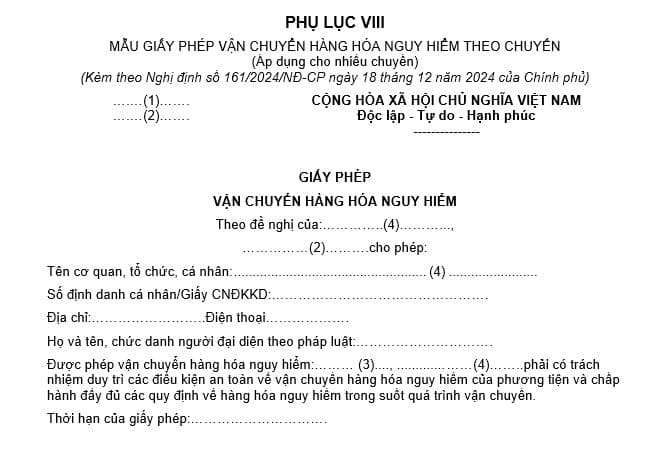 Mẫu giấy phép vận chuyển hàng hóa nguy hiểm theo chuyến trên đường bộ (Áp dụng cho nhiều chuyến) năm 2025?