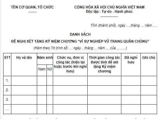 Mẫu danh sách đề nghị tặng Kỷ niệm chương Vì sự nghiệp vũ trang quần chúng