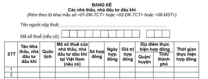 Mẫu bảng kê các nhà thầu, nhà đầu tư dầu khí