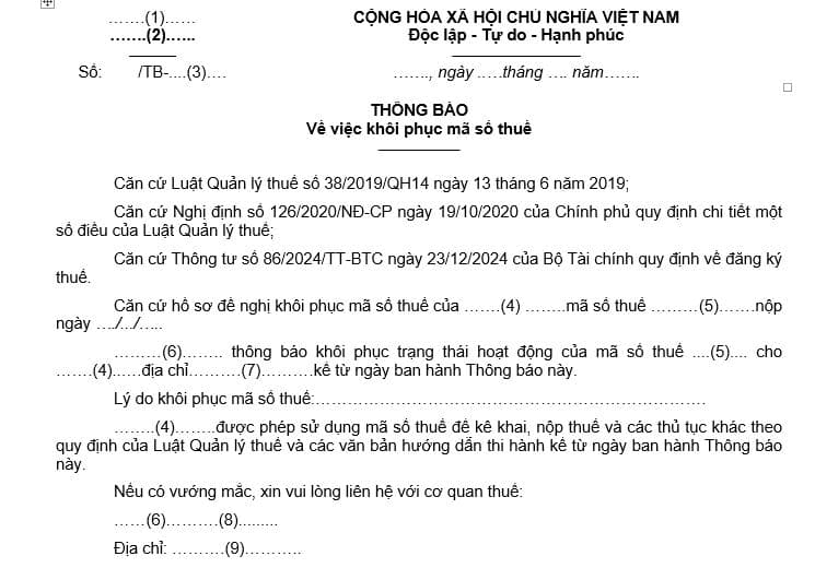 Tải mẫu 19/TB-ĐKT thông báo về việc khôi phục mã số thuế theo Thông tư 86?