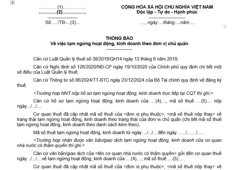 Tải mẫu 33/TB-ĐKT thông báo về việc tạm ngừng hoạt động, kinh doanh theo đơn vị chủ quản theo Thông tư 86?