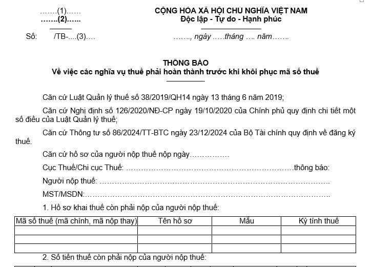 Mẫu thông báo về việc các nghĩa vụ thuế phải hoàn thành trước khi khôi phục mã số thuế