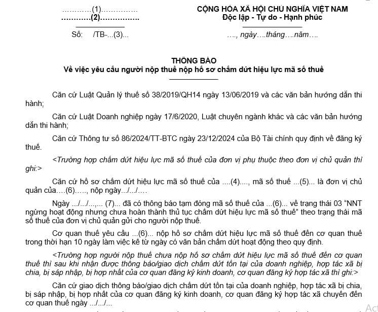 Mẫu thông báo về việc yêu cầu người nộp thuế nộp hồ sơ chấm dứt hiệu lực mã số thuế