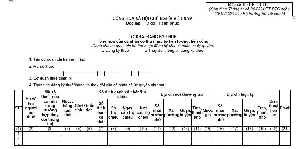 Mẫu tờ khai đăng ký thuế tổng hợp của cá nhân có thu nhập từ tiền lương tiền công