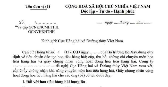 Mẫu Công văn đề nghị cấp giấy chứng nhận khả năng chuyên môn hoa tiêu hàng hải, giấy chứng nhận vùng hoạt động hoa tiêu hàng hải