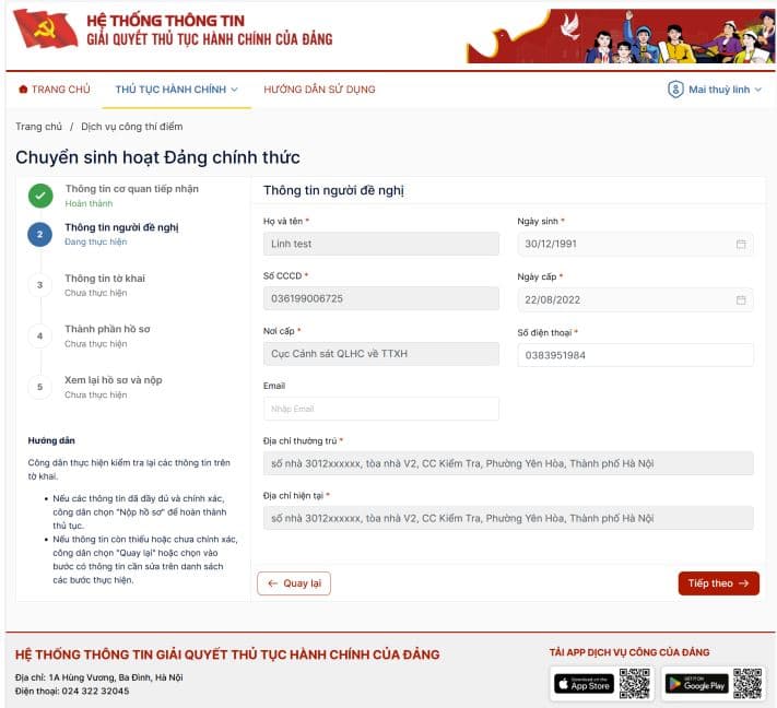 Màn hình hiển thị thông tin người đề nghị