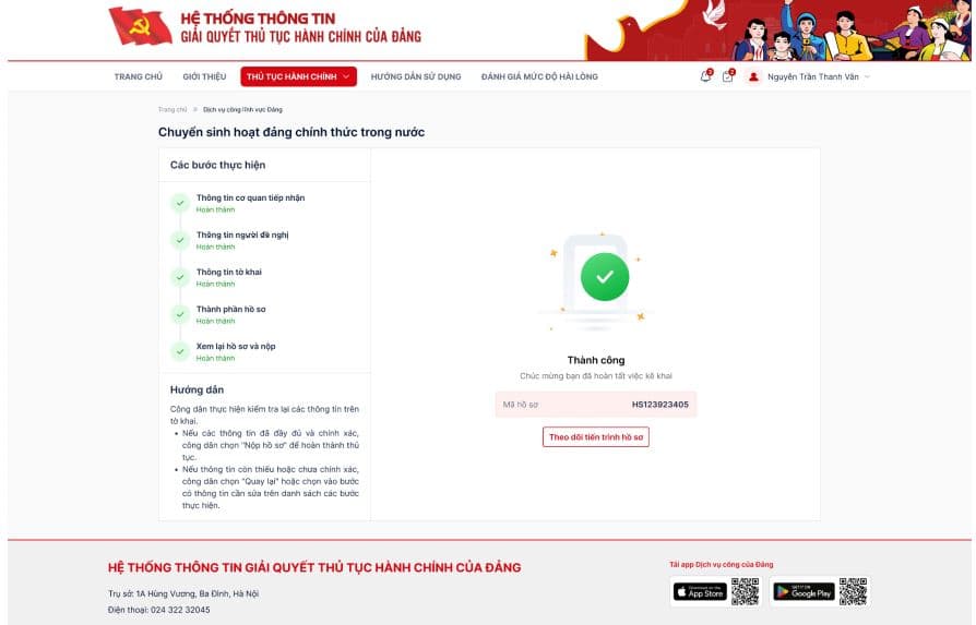 Màn hình thông báo “Nộp hồ sơ thành công”