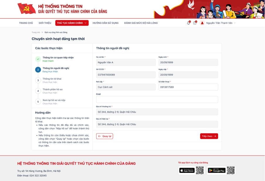 Màn hình hiển thị thông tin người đề nghị