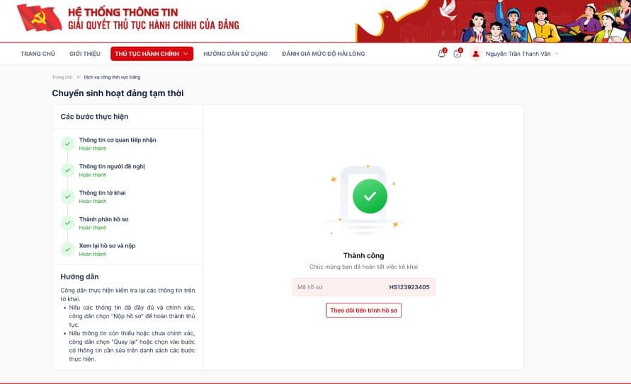 Màn hình thông báo “Nộp hồ sơ thành công”