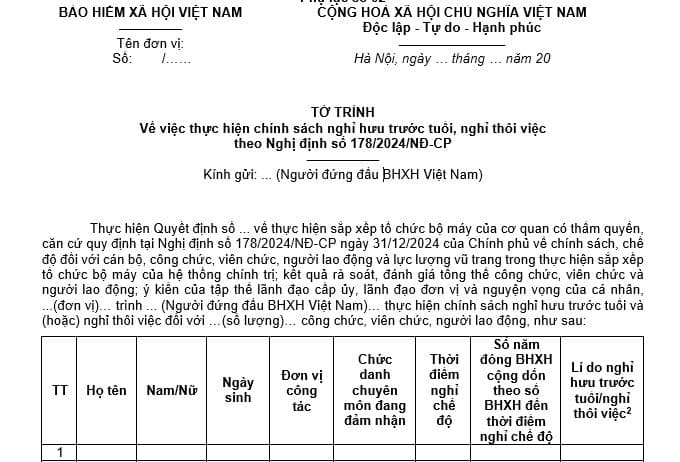 Mẫu tờ trình về việc thực hiện chính sách nghỉ hưu trước tuổi, nghỉ thôi việc