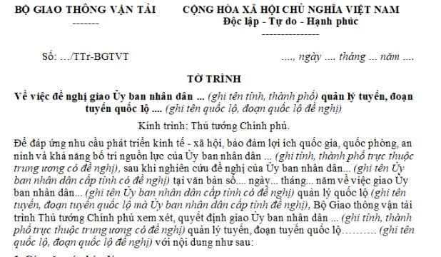 Mẫu tờ trình về việc đề nghị giao Ủy ban nhân dân tỉnh, thành phố trực thuộc trung ương quản lý tuyến, đoạn tuyến quốc lộ