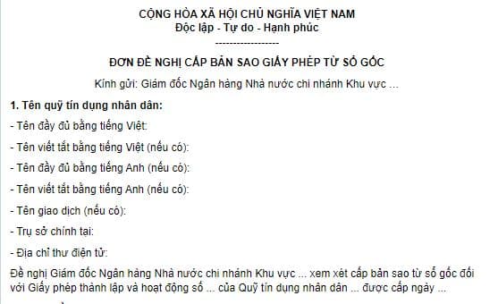 Mẫu đơn đề nghị cấp bản sao Giấy phép từ sổ gốc của quỹ tín dụng nhân dân theo Thông tư 01?