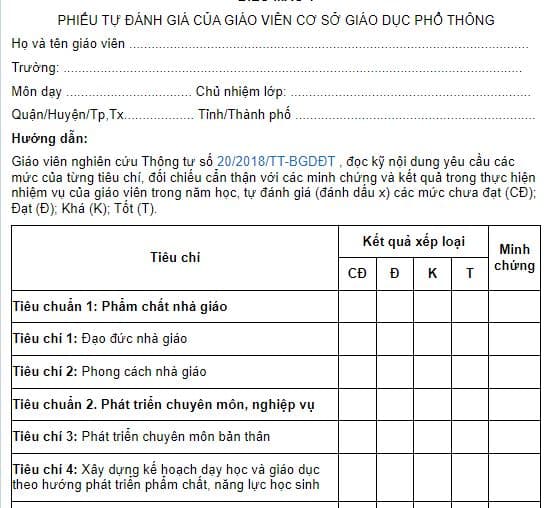 Mẫu phiếu tự đánh giá của giáo viên cơ sở giáo dục phổ thông