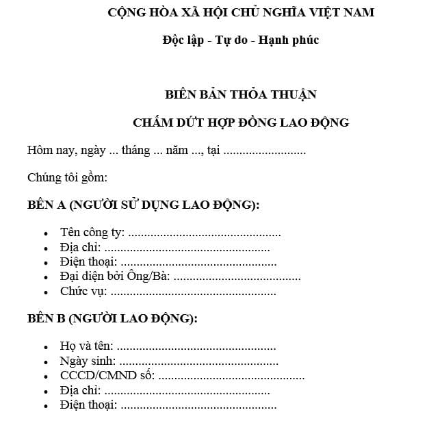 mẫu biên bản thỏa thuận chấm dứt hợp đồng lao động