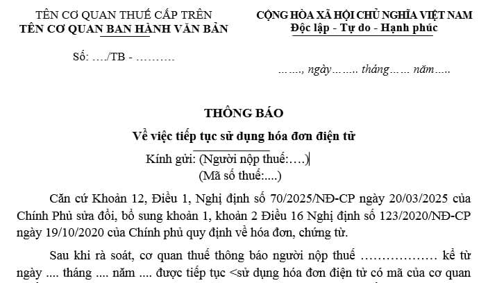 Mẫu thông báo về việc tiếp tục sử dụng hóa đơn điện tử